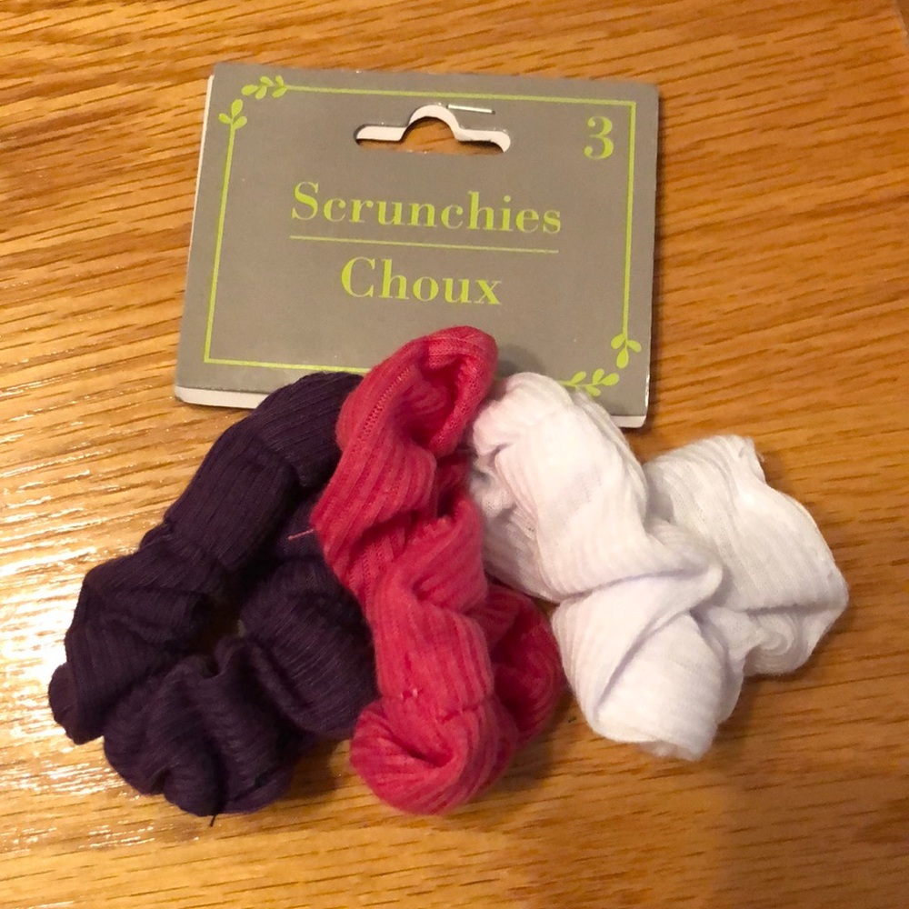 THREE (3) NWT Scrunchies (white, pink & purple)